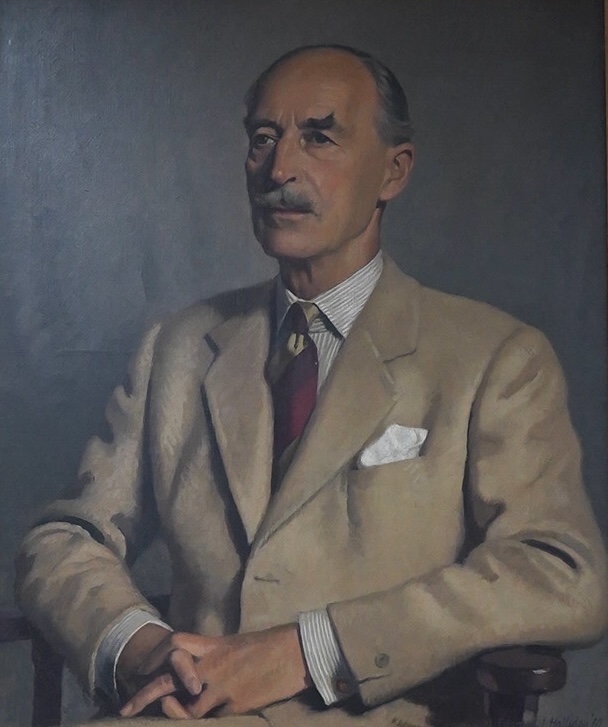 Edward Irvine Halliday (1902-1984), oil on canvas, Portrait of Giles Fendall Newton, MBE, signed and dated 1960, 76 x 62cm, applied plaque to the ornate gilt frame. Condition - good